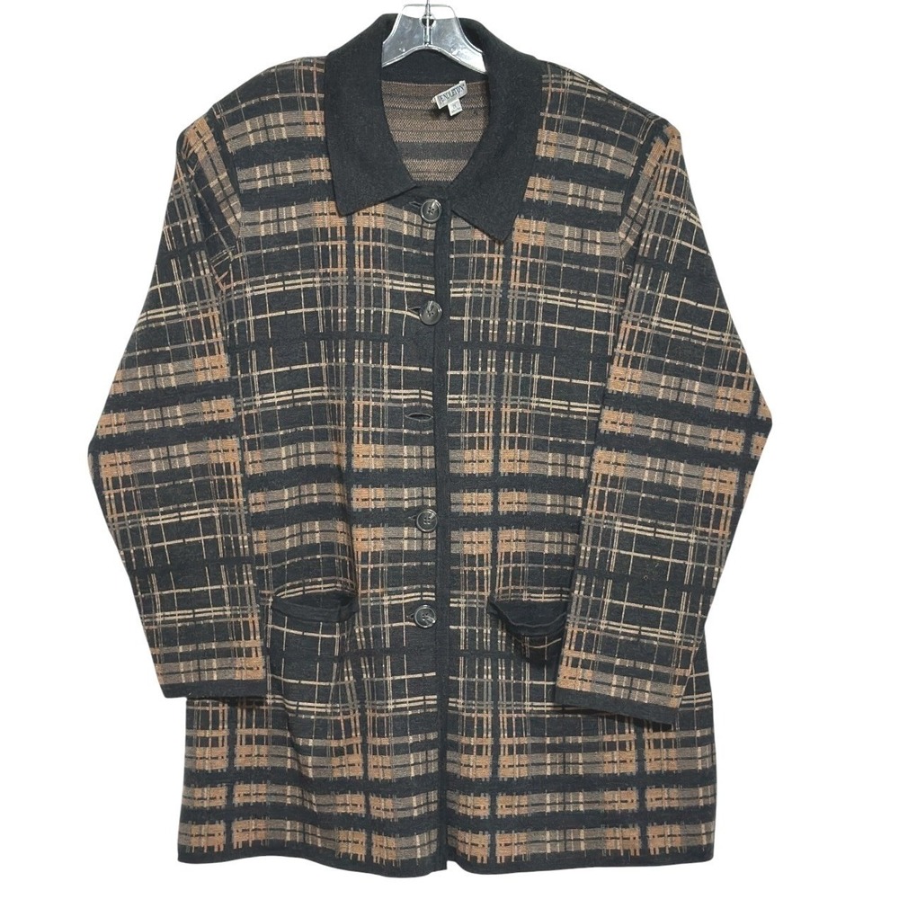Pendleton Cardigan Sweater Womens Black Tan Plaid Merino Wool Button Heritage 2X